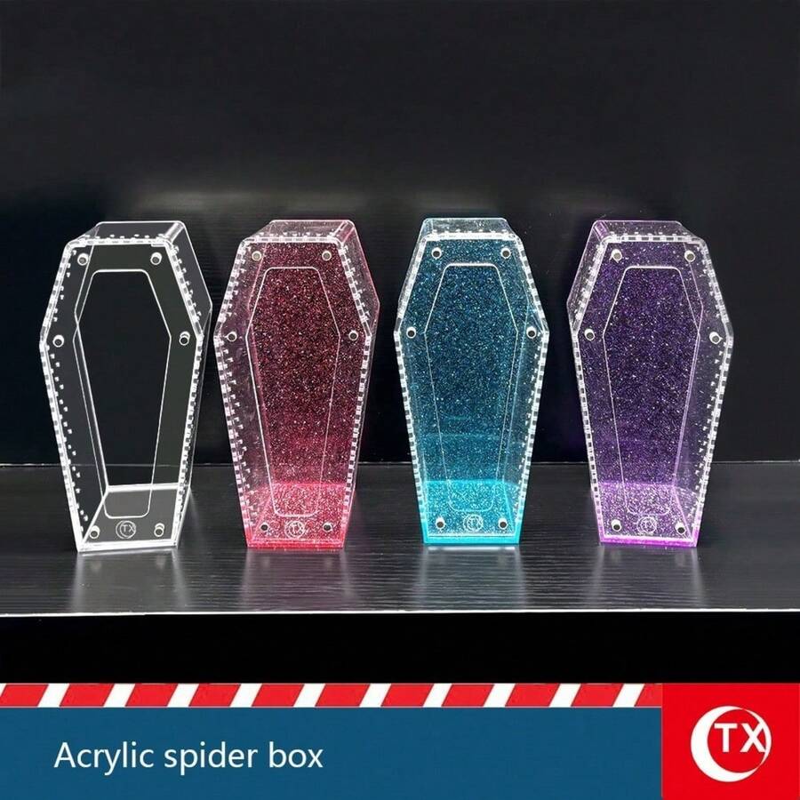SHEIN 1PC 透明亚克力昆虫蜘蛛繁殖盒,独特的棺材形设计,磁性闭合,方便取用,通风孔,适用于蜘蛛、跳蛛、狼蛛栖息地,万圣节装饰,节日礼物,也适用于玻璃容器、盒子、植物盒、家庭储物盒、微景观盒 - 彩色 - 查看 1