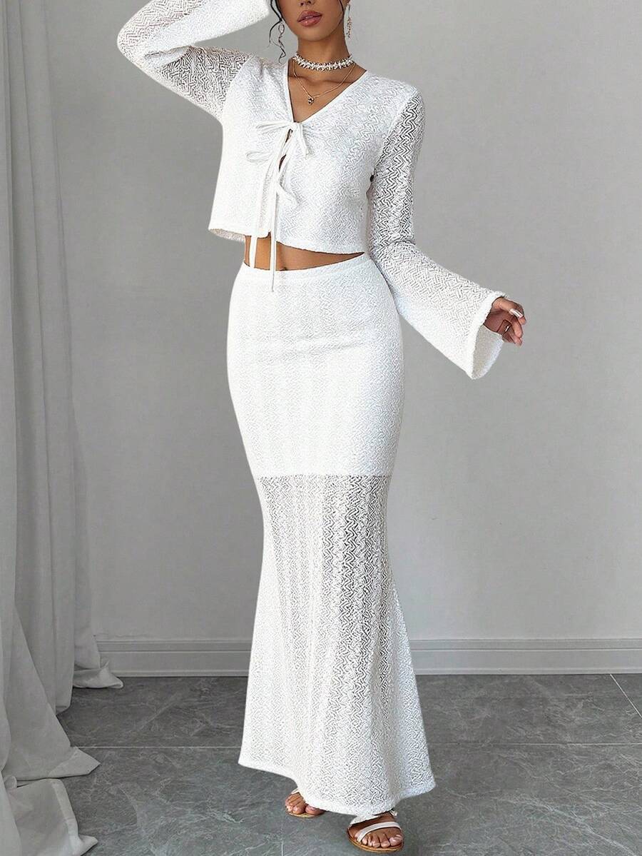 SHEIN 2pcs/Set Teen Girl Casual Elegant Textured Tie-Front Long Sleeve Shirt & Midi Skirt Fall Winter - White - View 1