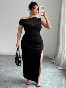 Arcane Artistry 性感黑色透明网眼拼布不对称褶皱高开衩大码女式连衣裙 - 黑色 - 查看 1