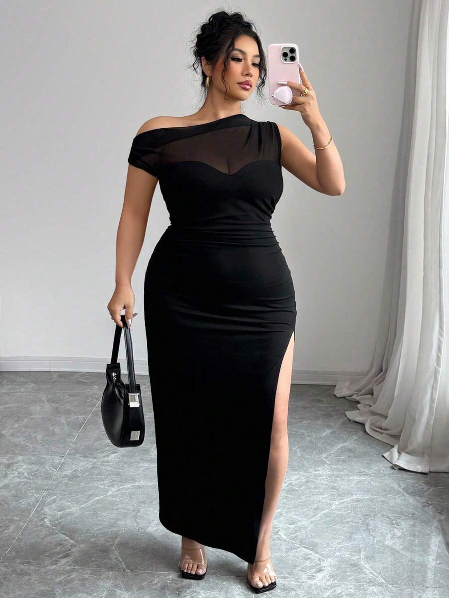 Arcane Artistry 性感黑色透明网眼拼布不对称褶皱高开衩大码女式连衣裙 - 黑色 - 查看 1