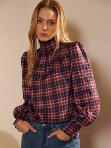 Écloséra 法国复古格纹印花圣诞百搭优雅浪漫衬衫，女士秋冬衬衫 - 彩色 - 查看 1