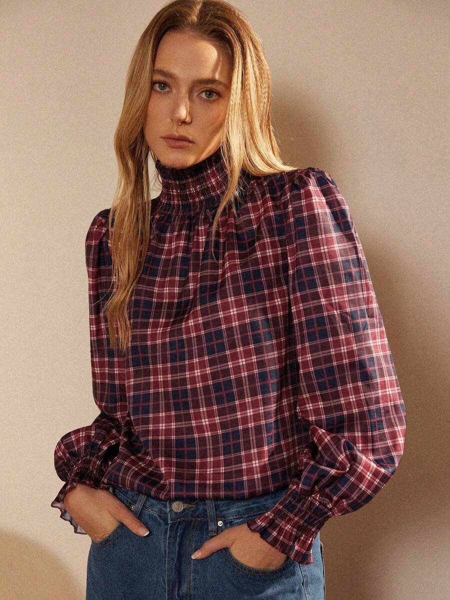 Écloséra 法国复古格纹印花圣诞百搭优雅浪漫衬衫，女士秋冬衬衫 - 彩色 - 查看 1