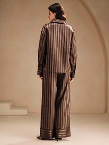 Anewsta 2pcs Set Satin Striped Shirt, Elegant Chic Casual Outfit For Fall, Autumn, Winter, New Year, Christmas - Brown - View 2