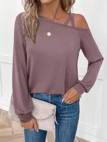 SHEIN LUNE 女式休闲舒适长袖 T 恤，交叉肩带和褶皱袖口，春夏 - 紫色 - 查看 3