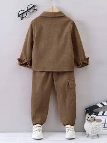 Sparklyn 2件套纯色男童休闲衬衫和裤子套装 - 棕色 - 查看 2