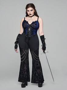 ROMWE EDITION Áo ba lỗ và áo ba lỗ cổ dơi Gothic tối màu trang trí nhung hoa màu xanh cỡ lớn cho nữ - Màu xanh lam - Xem 10