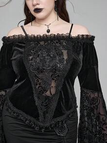 ROMWE EDITION Áo nhung tay dài hở vai phối ren Gothic họa tiết hoa cỡ lớn dành cho nữ, Áo cổ nhung họa tiết hoa phong cách Gothic cổ điển mùa thu/đông cỡ lớn, Áo nhung dự tiệc tối Gothic sang trọng thanh lịch cỡ lớn - màu đen - Xem 9