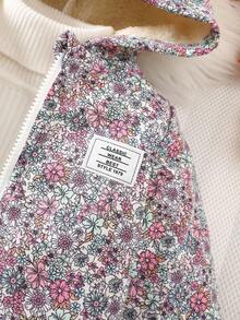 SHEIN Vintaside Kids Chaqueta con capucha con estampado floral vintage para niñas, cierre con cremallera, forro térmico, ropa de abrigo de invierno casual y de moda