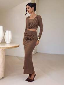 Modelyn Women's Solid Color Scoop Neck Long Sleeve Cropped T-Shirt And Mermaid Hem Fitted Skirt 2-Piece Set, Elegant - Coffee Brown - View 6