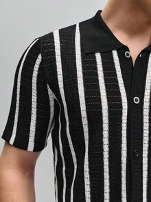 OFFICEAU Men's Contrast Color Hollow Knit Cardigan, Fashionable For Summer, Fall, Old Money Spring To Summer - Black and White - View 8