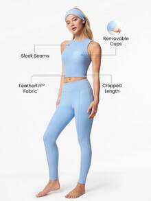 GLOWMODE Áo tank top FeatherFit™ Active Edge mềm mại, co giãn, thấm hút mồ hôi, có đường may tinh tế, mút ngực có thể tháo rời, cổ tròn, chất liệu nhẹ, thích hợp mặc hàng ngày, tập yoga hoặc các hoạt động thể thao khác. - Màu xanh nhạt - Xem 2