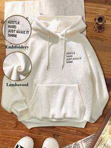 Franclia Women's Retro Minimalist Loose Oversized Drop Shoulder Embroidered Letter Pouch Pocket Fleece Hoodie, Autumn/Winter - Beige - View 6