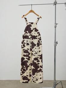 Maija Women's Coffee-Colored Denim Overalls, Cow Pattern Casual Jumpsuit, Autumn And Winter Casual Wear