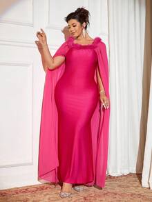 Cravure 大码女式纯色人造毛皮拼布修身美人鱼下摆优雅连衣裙 - 玫紅色 - 查看 5