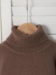Young Girl Solid Color Drop Shoulder Long Sleeve Turtleneck Sweater And Wide Leg Knit Pants Casual Suit, Autumn, School, Preppy Outfit Brown - Khaki - View 13
