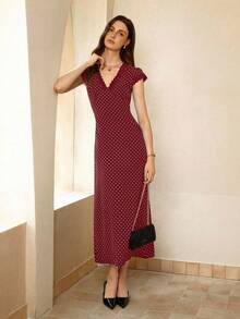 Cévolie Polka Dot Fitted V-Neck Lace Patchwork Women's Long Dresses - Red - View 6
