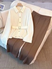 Franclia 女士优雅知性长袖开衫和裤子两件套，秋冬时尚穿搭 - 杏色 - 查看 3