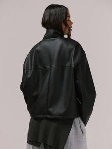 MUSERA Oversized High Neck Faux Leather Full Zip Up Jacket Night Out Winter Outerwear Spring Vacation - Black - View 4