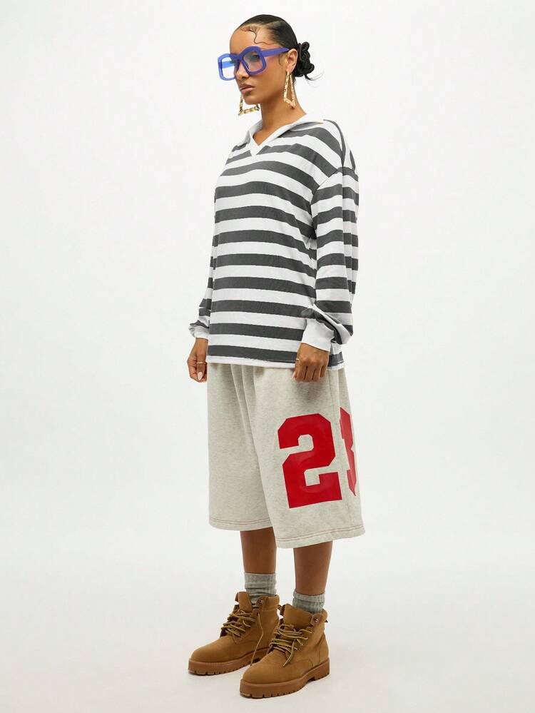 SUMWON WOMEN Striped Rugby Collar Sweatshirt With Long Sleeves