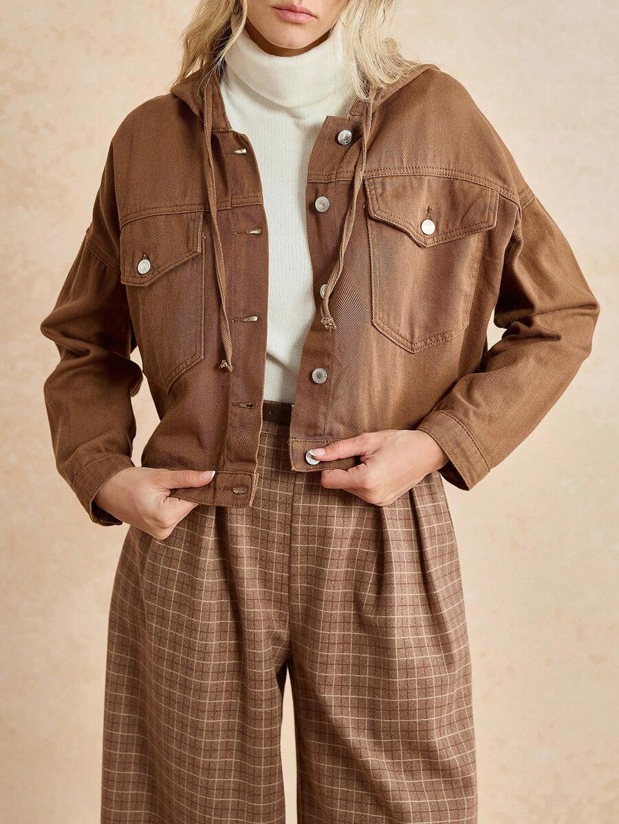 Écloséra 翻蓋口袋落肩袖抽繩連帽牛仔夾克 - 棕色 - 查看 1