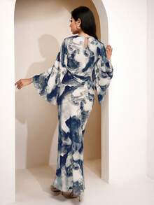 Veilorie Women's Tie-Dye Print Round Neck Flare Sleeve Ruched Fishtail Hem Elegant Dress