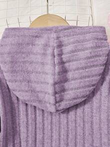 SHEIN Tween Girls' Knitted Ribbed Hooded T-shirt With Asymmetrical Hem And Tight Pants Two-piece Set - Purple - View 5