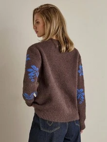 COSMINA Women's Casual Floral Patterned Crew Neck Sweater, Autumn/Winter Sweaters For Women