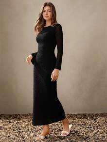 Wildy Đầm dạ hội phong cách BOHO thanh lịch dành cho nữ, màu trơn, chất liệu vải dệt, tay bồng, dáng đuôi cá, đầm dài thường ngày, đầm đen dài tay, áo lưới dài tay, đầm ren dài tay màu đen, đầm mùa thu cho nữ, đầm dự tiệc, trang phục thường ngày cho nữ. - màu đen - Xem 3