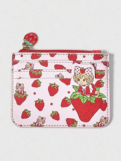 Kawaii Kartenetui/Münzbörse mit vollflächen Erdbeermuster