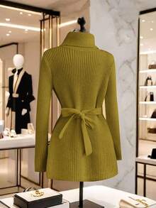 GlowEve 女士优雅通勤纯色开衫（配腰带），秋冬 - 芥末黃 - 查看 2