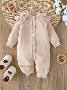 SHEIN Baby Girl Solid Color Patchwork Ruffle Trim Raglan Long Sleeve Romper, Autumn/Winter Fall - Beige - View 3