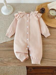 SHEIN Baby Girl Solid Color Patchwork Ruffle Trim Raglan Long Sleeve Romper, Autumn/Winter Fall - Beige - View 7