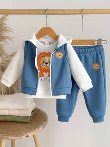 SHEIN 3pcs Toddler Boys Casual Long Sleeve Top, Sleeveless Jacket And Pants Set Fall Winter - Multicolor - View 3