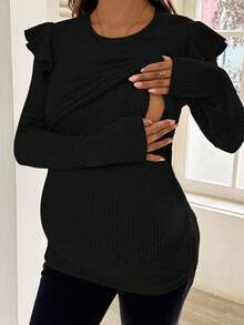 SHEIN 孕妇休闲纯色合身哺乳上衣 - 黑色 - 查看 3