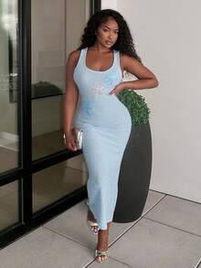 Alexandranx 春夏季度假紧身方领亮片海星长袖修身连衣裙 - 淺藍色 - 查看 5