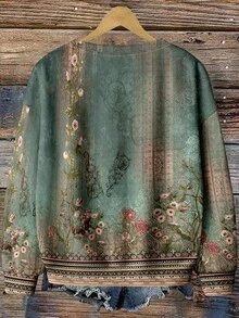 EMERY ROSE Casual Versatile Minimalist Retro Floral Pattern Round Neck Loose Fit Women Sweatshirt, Suitable For Back To School, Teacher's Day, Halloween, Christmas, Fall/Winter - Multicolor - View 2