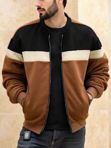 Manfinity Homme 男士单件夹克，三片式拼接设计，独特配色：上半部分白色，中半部分黑色，下半部分暖棕色。流行ins风夹克，成熟休闲的多层穿搭，适合通勤、上学、度假。送给老公或男朋友的礼物，男女同款情侣装，适合秋季穿着。 - 彩色 - 查看 1