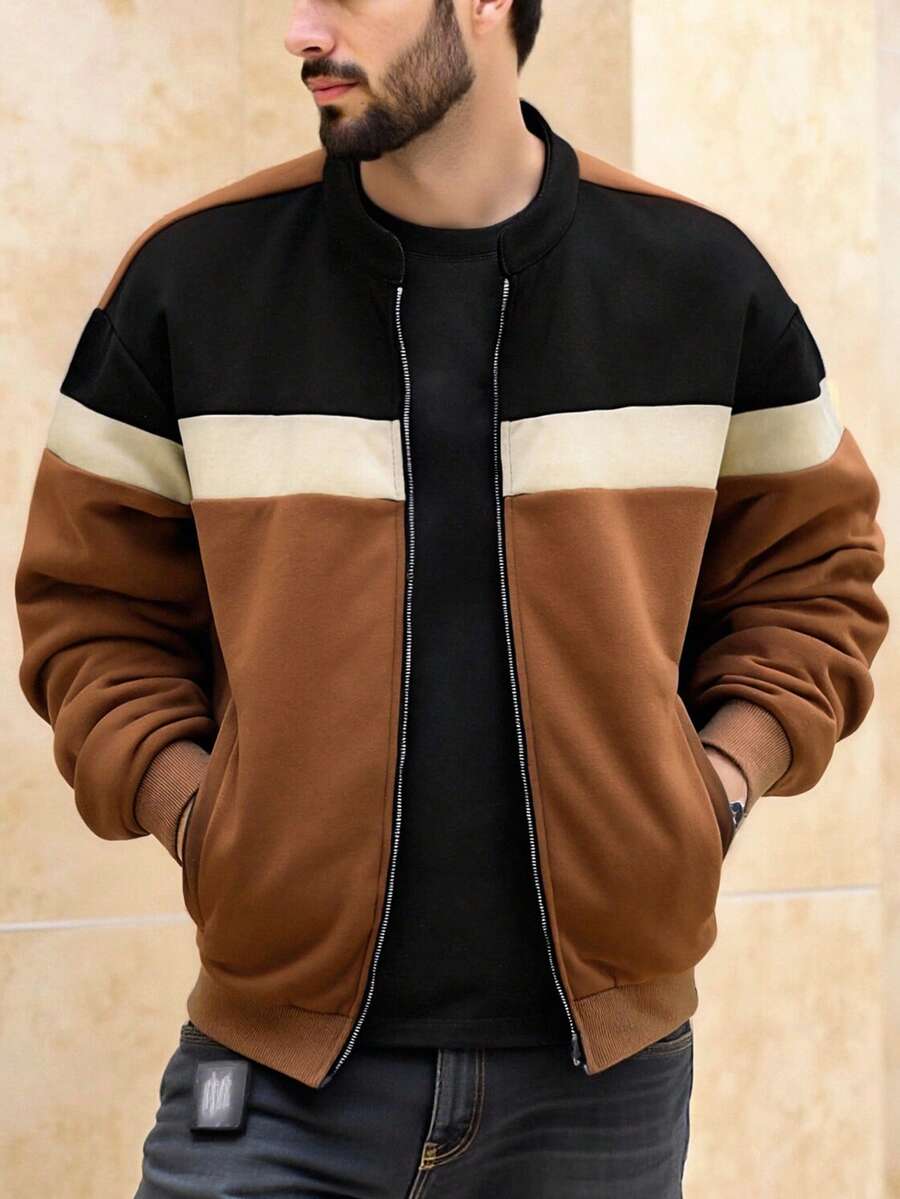 Manfinity Homme 男士单件夹克，三片式拼接设计，独特配色：上半部分白色，中半部分黑色，下半部分暖棕色。流行ins风夹克，成熟休闲的多层穿搭，适合通勤、上学、度假。送给老公或男朋友的礼物，男女同款情侣装，适合秋季穿着。 - 彩色 - 查看 1