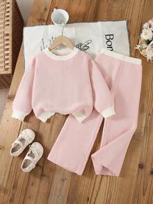 مجموعة من قطعتين للفتيات الصغيرات، كنزة صوفية محبوكة بأكمام طويلة وياقة طاقم بلون واحد + بنطلون محبوك واسع الساق، طقم أنيق وعصري للاستخدام اليومي مناسب للخريف/الشتاء