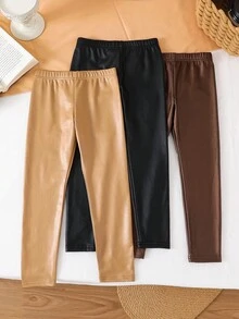 SHEIN 3pcs/Set Young Girl Skinny PU Leather Leggings, Black/Brown/Apricot, Buy 1 Get 2, Sister Matching Autumn/Winter Fall For Fall PU Tight Pants Black Pants Leather Pants 5t Pants Cheap Leggings Pants - Multicolor - View 2