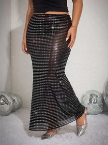SHEIN EZwear Plus Size Sexy Black Sequin Sheer Side Slit Skirt, Suitable For Parties And Gatherings - Black - View 3