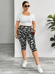 SHEIN Essnce 大码女式夏季七分裤，2 件印花紧身裤黑色紧身裤运动七分裤女式紧身裤，女式两件套黑色紧身裤秋装，教师装 - 彩色 - 查看 3