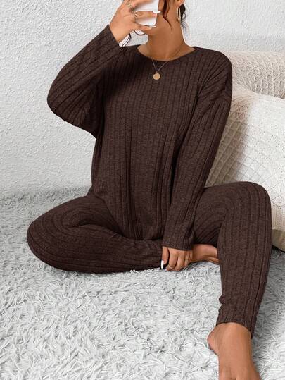 SHEIN Frenchy Plus Size Women's Solid Color Round Neck Drop Shoulder Long Sleeve Ribbed T-Shirt And Pants Casual 2-Piece Set/Winter Brown Set Women Two Piece Set Women Comfy Comfortable Two Piece Set