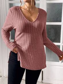 SHEIN Essnce 加大码女式秋季长袖 T 恤，长袖 T 恤，长袖女式上衣，冬季服装，高个女式，女式开叉上衣，冬季上衣，圣诞衬衫，秋季服装，秋季女式上衣，针织衬衫，秋季衬衫，长袖女式 - 藕粉色 - 查看 4