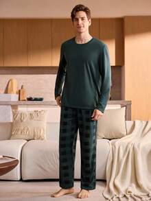 Manfinity Underwear&Sleepwear Basics Plus Size Men's Black Plaid Round Neck Long Sleeve Pajama Set - Olive Green - View 3