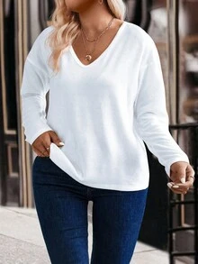 EMERY ROSE Camiseta feminina casual com decote em V e manga comprida, tamanho grande, versátil para outono/inverno - Branco - Ver 5
