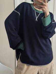 FRIFUL 女式海军蓝撞色绿圆领白色明线装饰落肩长袖宽松休闲百搭T恤，秋冬 - 藍色 - 查看 4