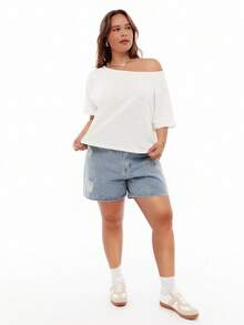 Solavibe 大码女式休闲白色宽松露肩短袖T恤