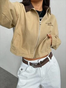 Elenzga Áo khoác denim ngắn cổ màu tương phản thường ngày, mùa thu - Màu Khaki - Xem 2