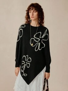 Florisole 女式花卉图案不对称下摆圆领蝙蝠袖长袖毛衣，秋冬款 - 黑色 - 查看 1